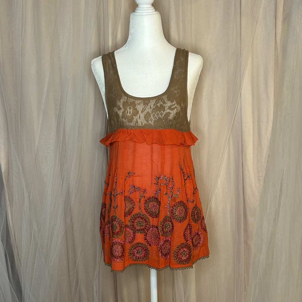 Free People Open-Back Ruffled Tan and Orange Tank Top